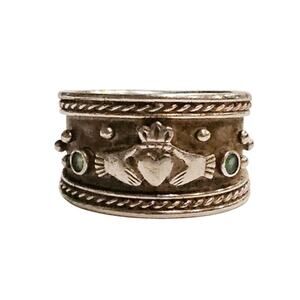 Vintage Irish Sterling Silver Claddagh Ring with Green Accents Dublin Hallmarks